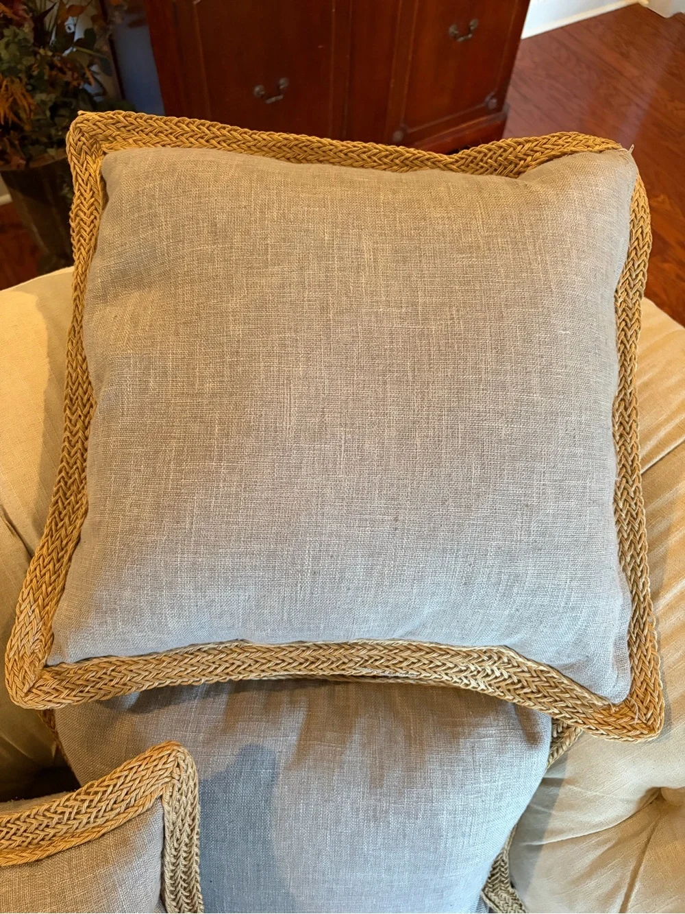 Canaan Company EUC Neutral Linen Throw Pillow with Braided Trim - Set of 3